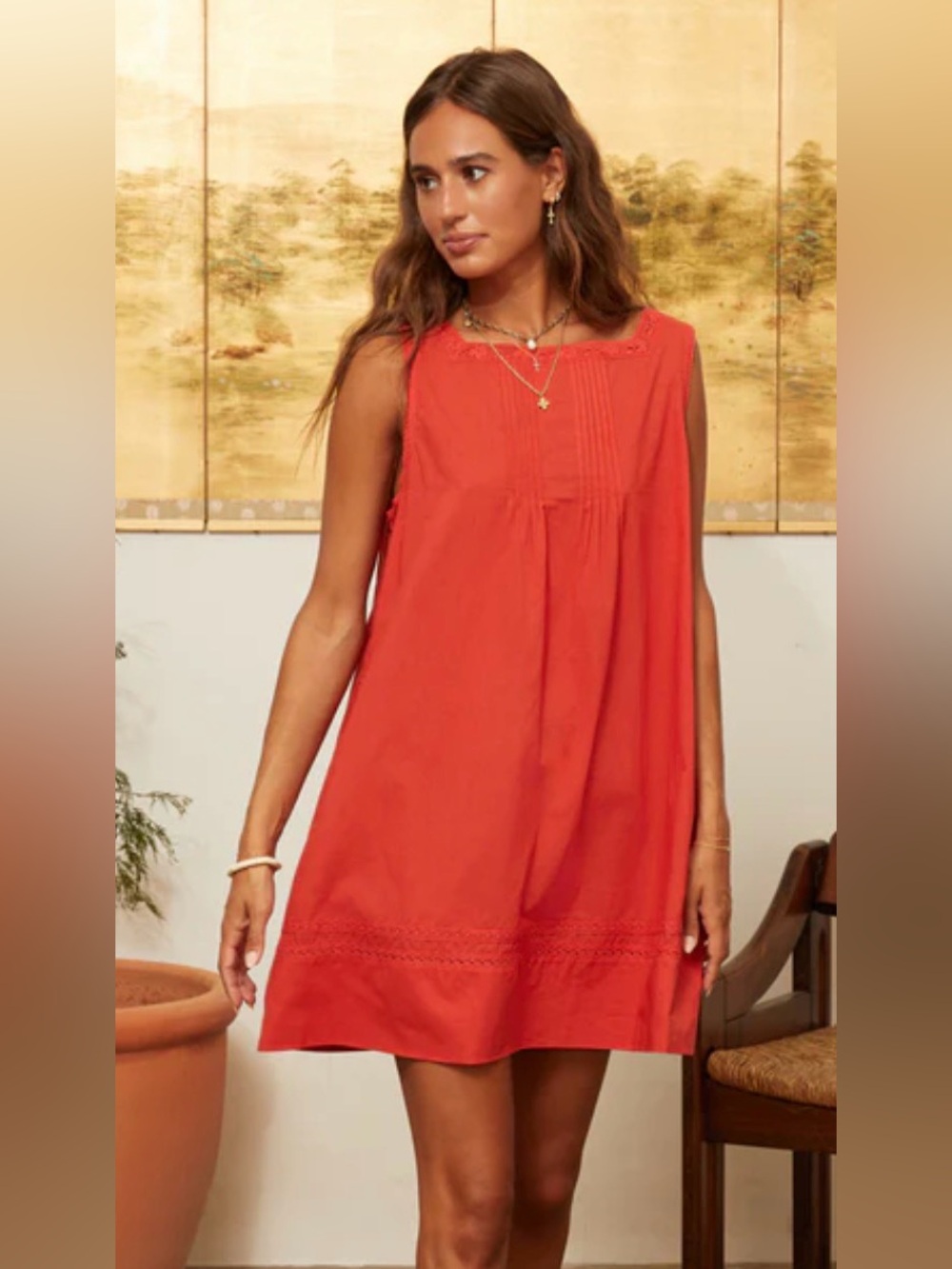 Ciao Lucia Red Sleeveless Cotton Chemise with Pintuck & Lace Trim